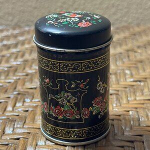 Vintage Asian Design Metal Tin Container With Floral & Bird Design